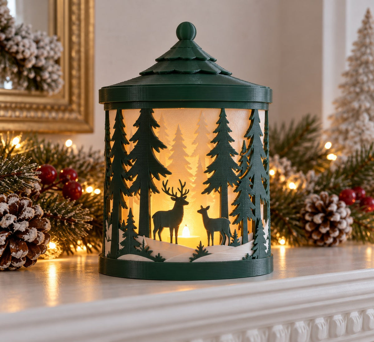 Fanal de bosque con luz LED: un rincón navideño acogedor